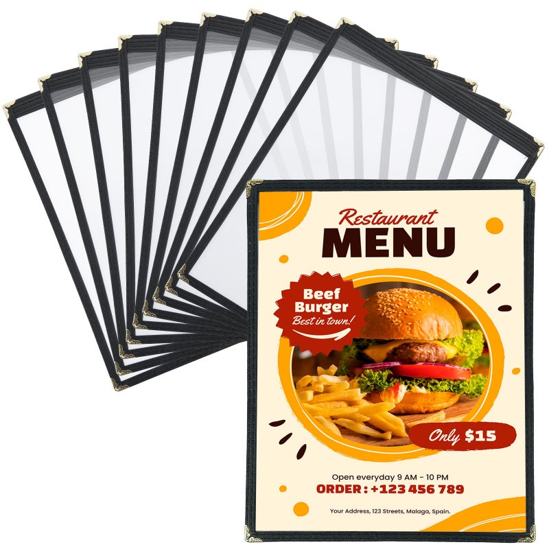 FLK Tech 8.5 x 11 Inch Menu Covers, 10 Pack 1 Page 2 View Menu Holder, Restaurant Menu Cover Fits 8 1/2" x 11" Paper, Double Stitched Restaurant Menu Sleeves, Wine Menu - Image 1
